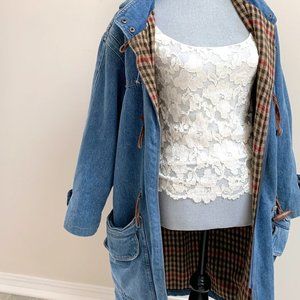 Vintage Forenza Long Denim Jacket Plaid Lining with Hood